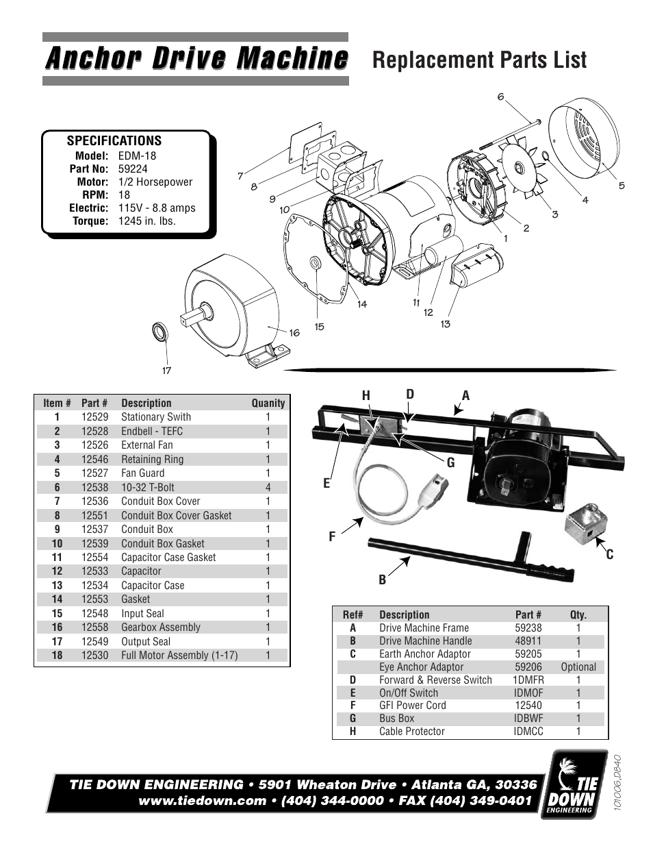 Replacement parts list | Tie Down Electric Drive Machine User Manual | Page 3 / 4