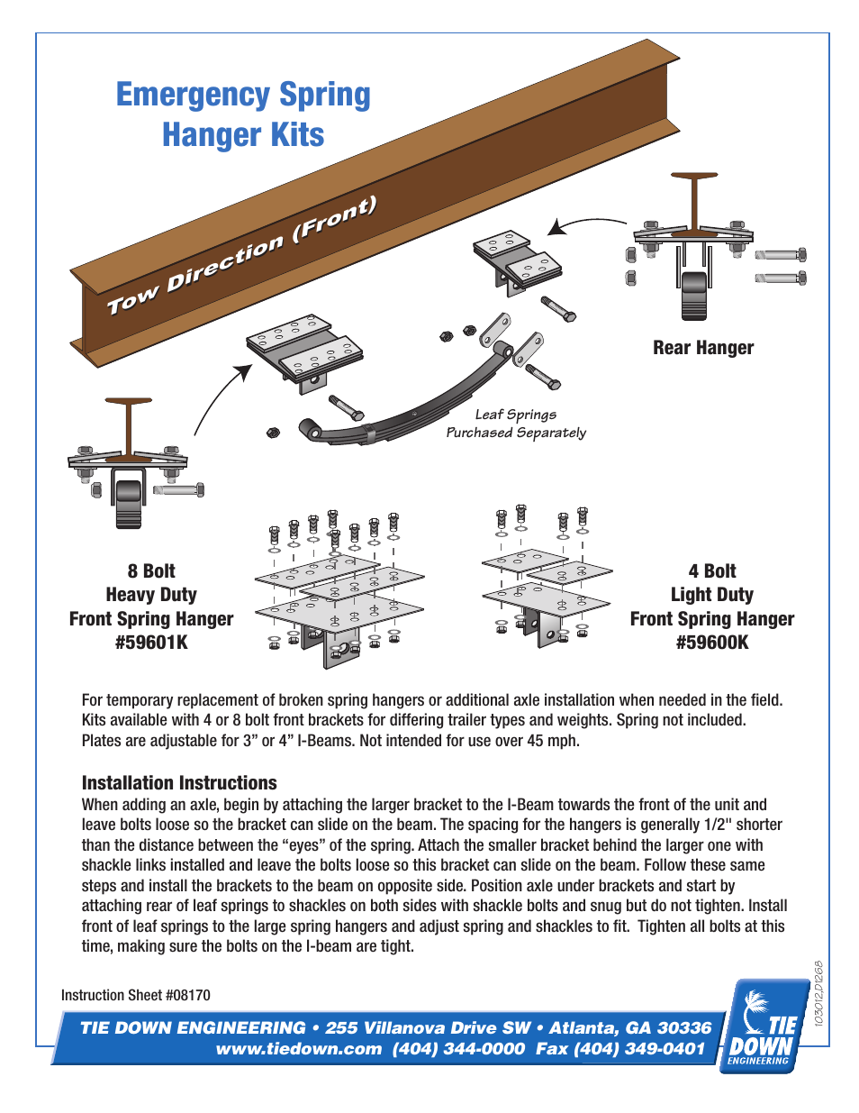 Tie Down Emergency Spring Hanger Kits User Manual | 1 page