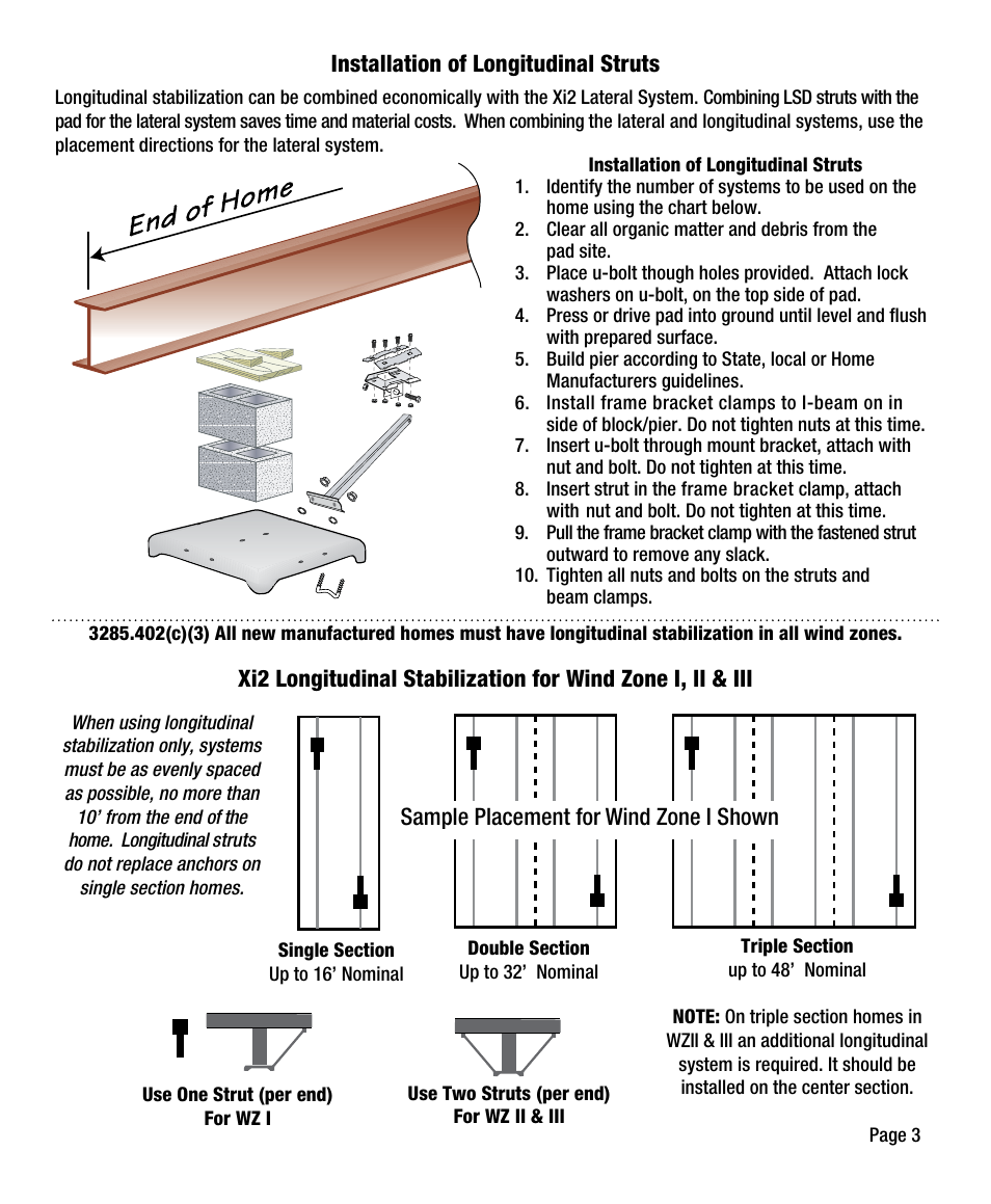Installation of longitudinal struts, Sample placement for wind zone i shown | Tie Down Xi2 Foundation System User Manual | Page 3 / 4