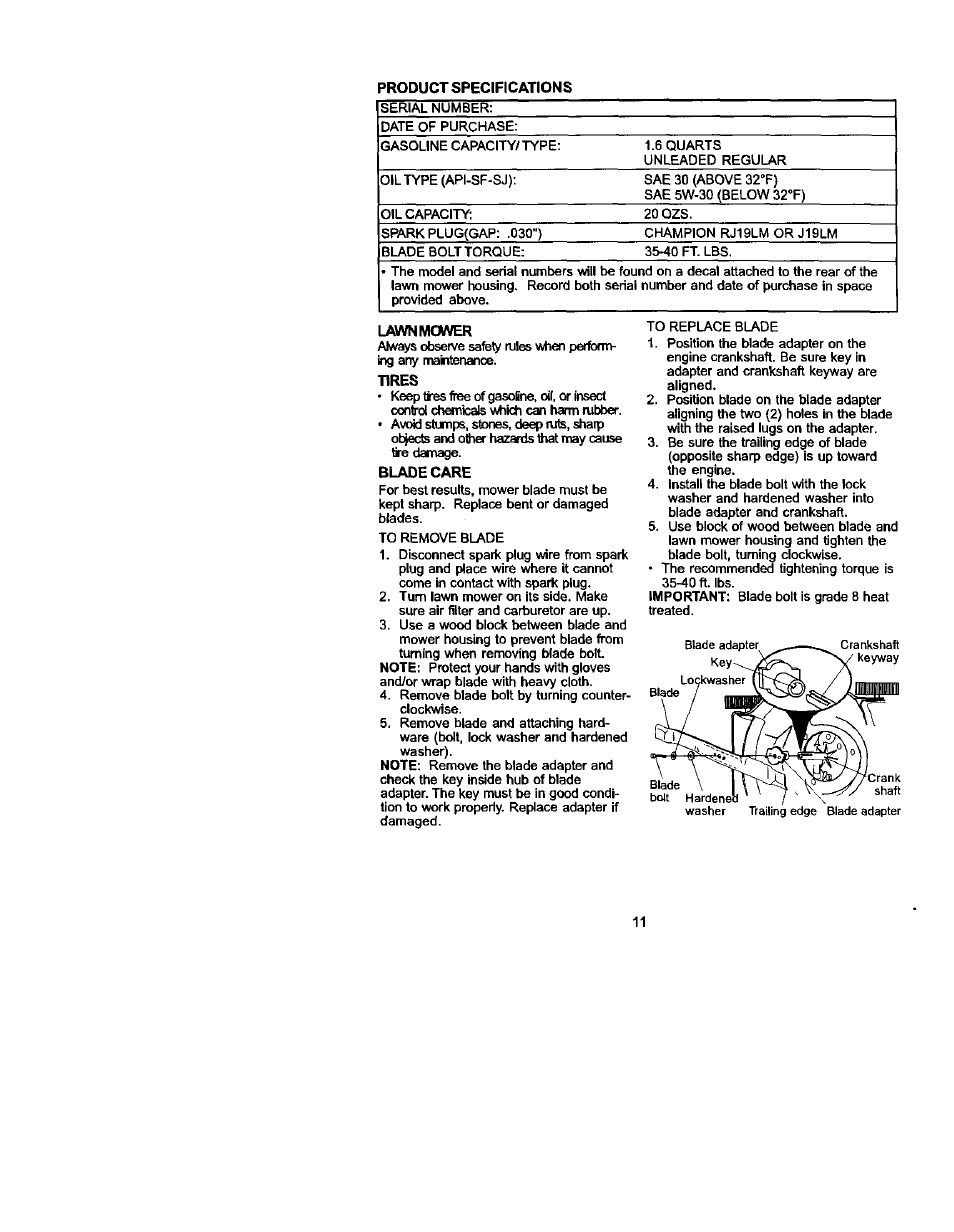 Lawn mower, Tires, Biadecare | Craftsman 917.388732 User Manual | Page 11 / 25