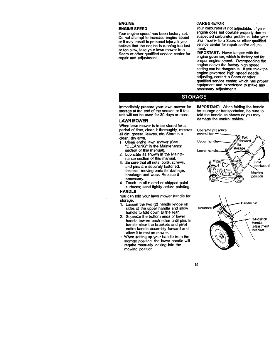 Engine engine speed, Lawn mower, Storage | Craftsman 917.388732 User Manual | Page 14 / 25