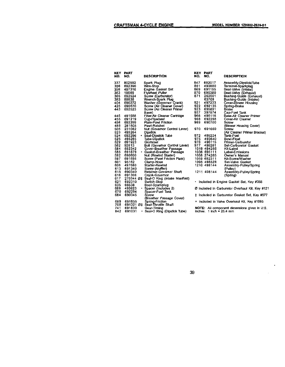 Craftsman 4-cycle engine, Key part, Key part no. no. description no. no. description | Craftsman 917.388732 User Manual | Page 24 / 25