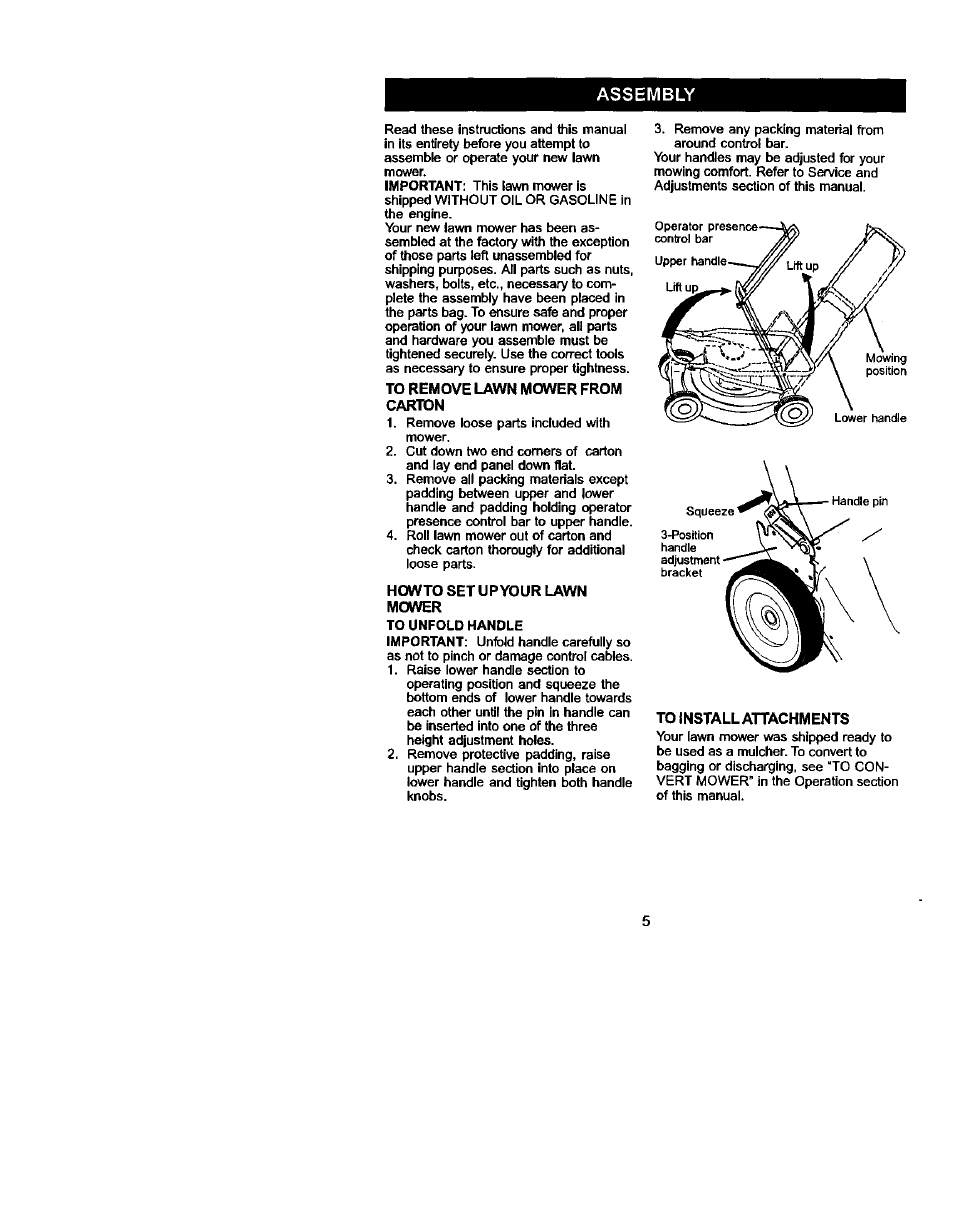 Assembly, To remove lawn mower from carton, Howto set up your lawn mower | To install attachments | Craftsman 917.388732 User Manual | Page 5 / 25