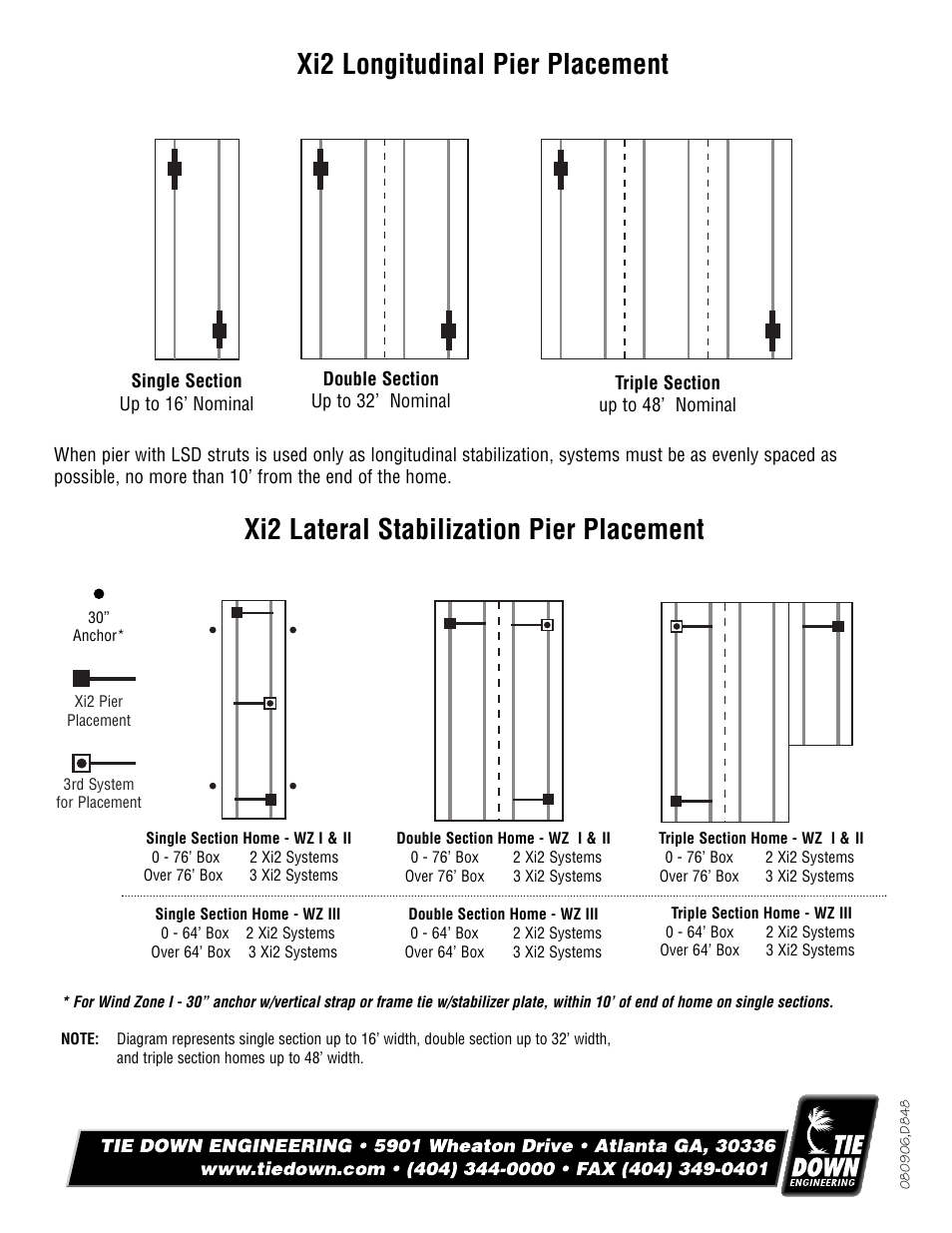 Xi2 longitudinal pier placement, Xi2 lateral stabilization pier placement | Tie Down Steel Pier System User Manual | Page 2 / 4