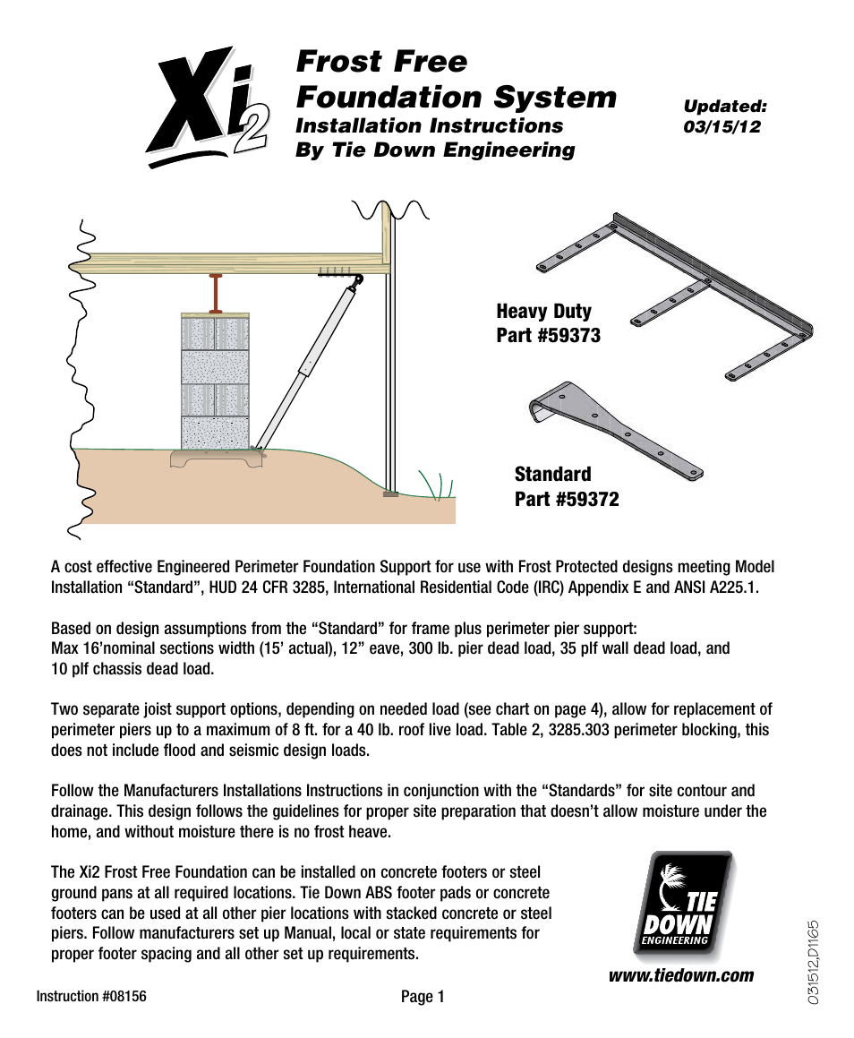 Tie Down Xi2 Frost Free foundation User Manual | 4 pages