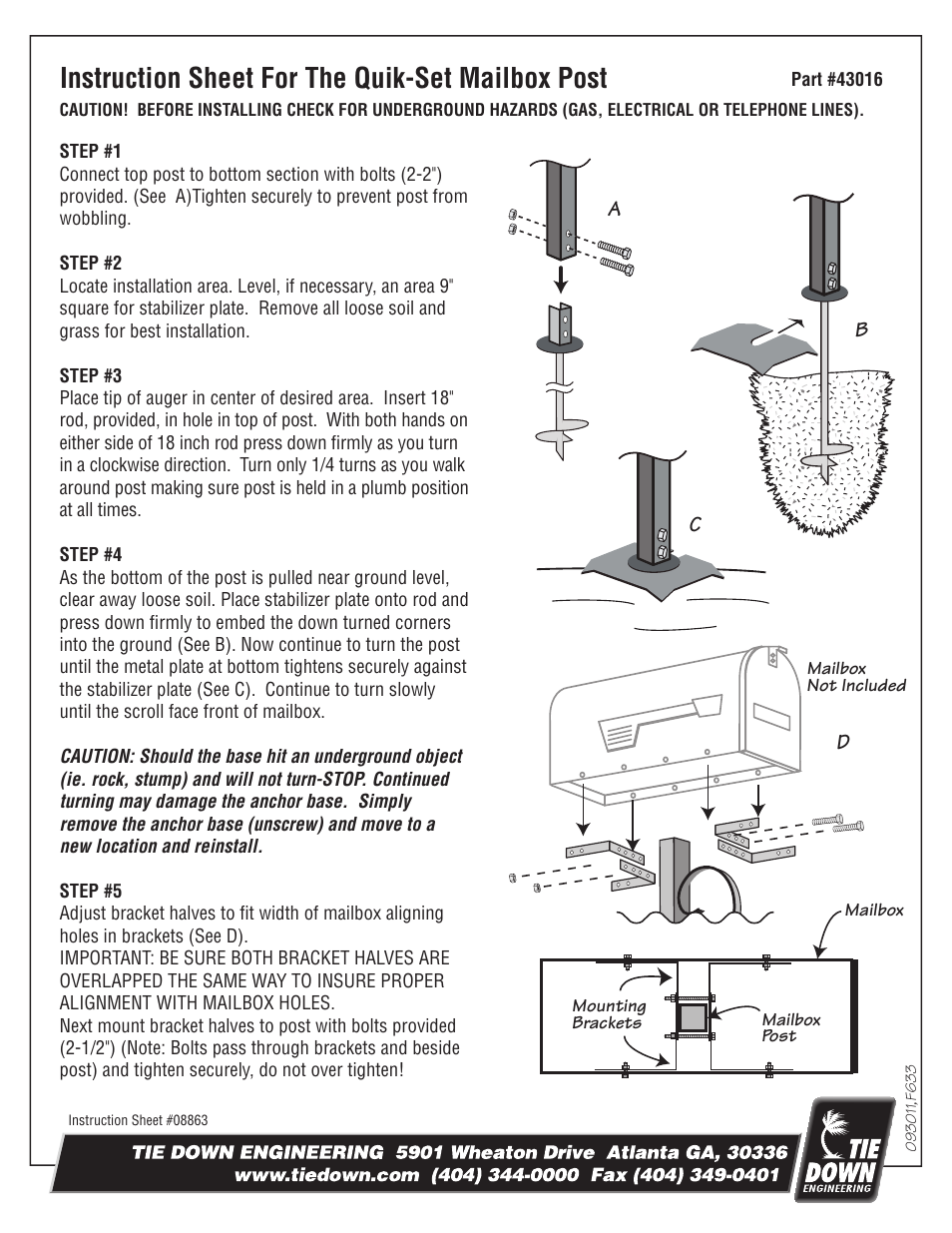 Tie Down Quik Set Mailbox Post Kit User Manual | 2 pages