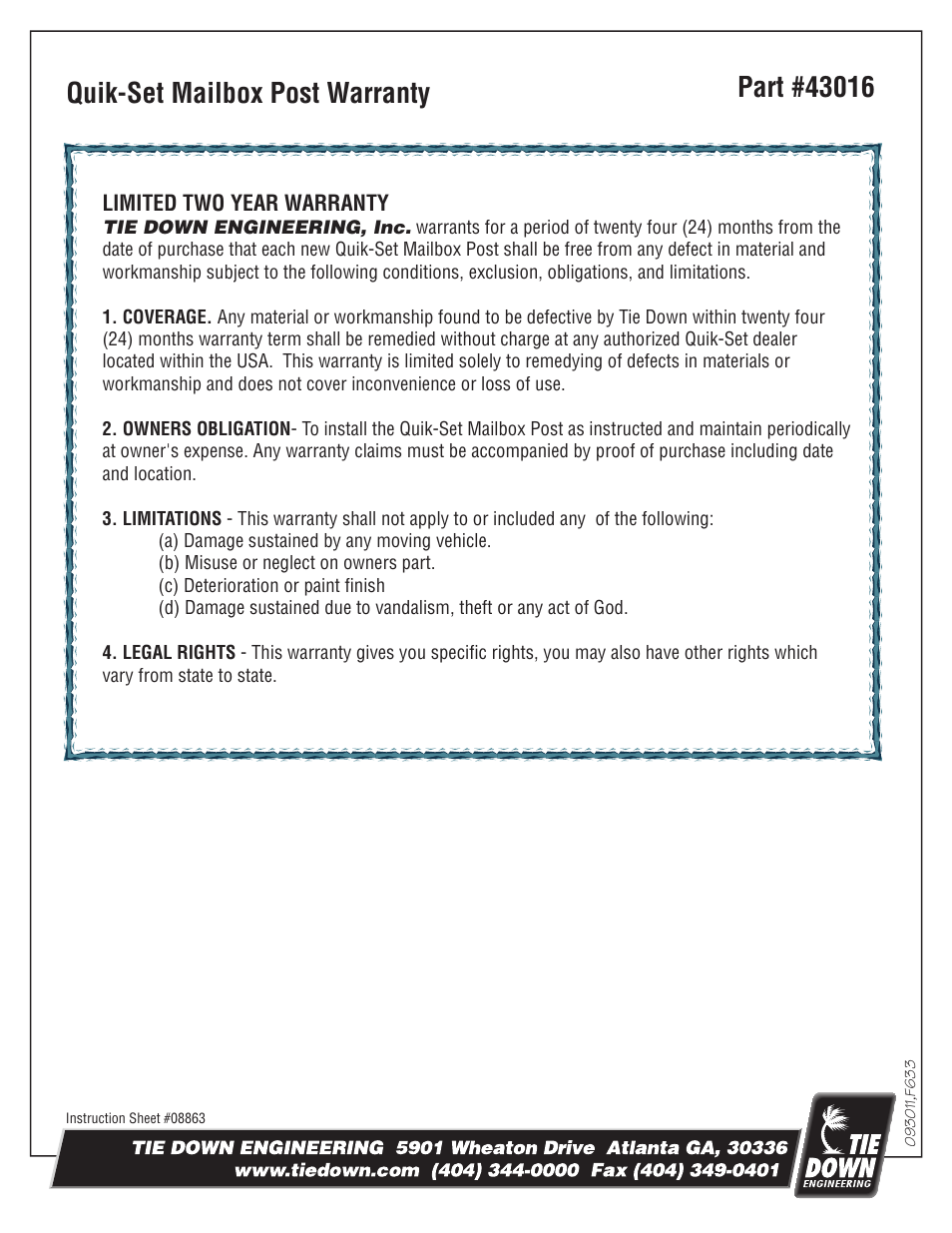 Instruction sheet for the quik-set mailbox post | Tie Down Quik Set Mailbox Post Kit User Manual | Page 2 / 2