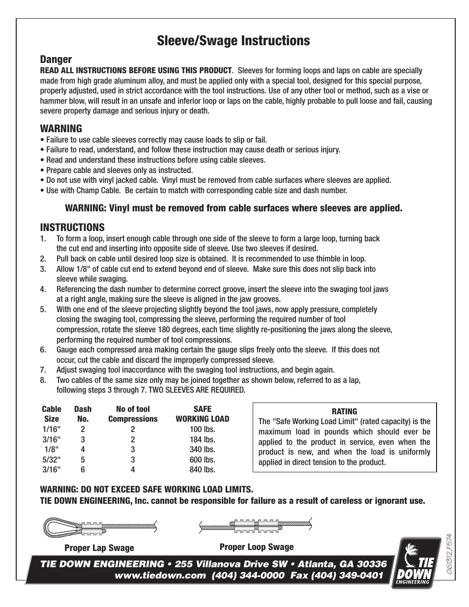 Tie Down Sleeve/Swage User Manual | 1 page