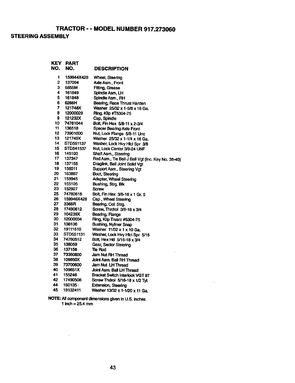 Tractor - steering assembly | Craftsman 917.273060 User Manual | Page 43 / 68