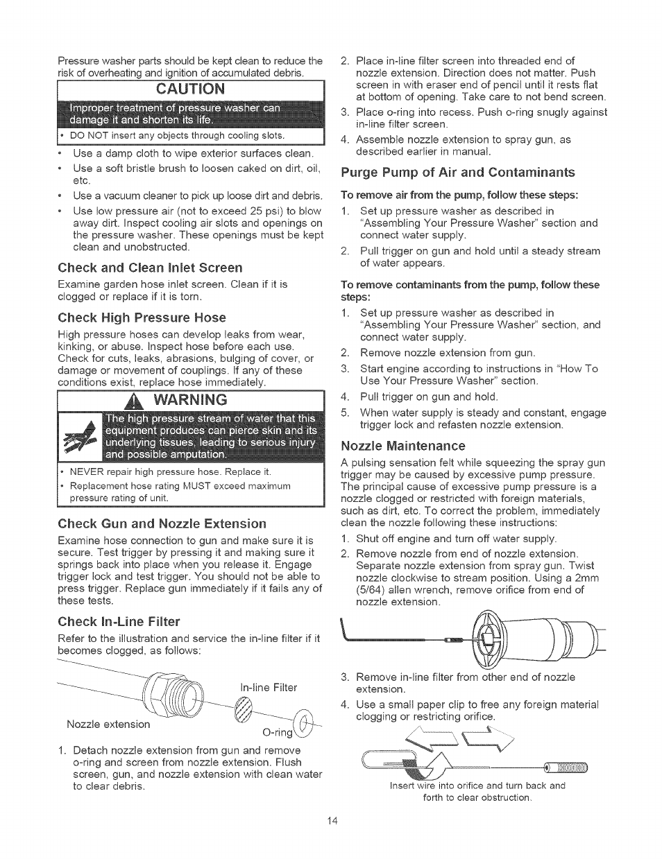 Caution, Check and clean inlet screen, Check high pressure hose | Warning, Purge pump of air and contaminants, Nozzle maintenance | Craftsman 580.752310 User Manual | Page 14 / 48