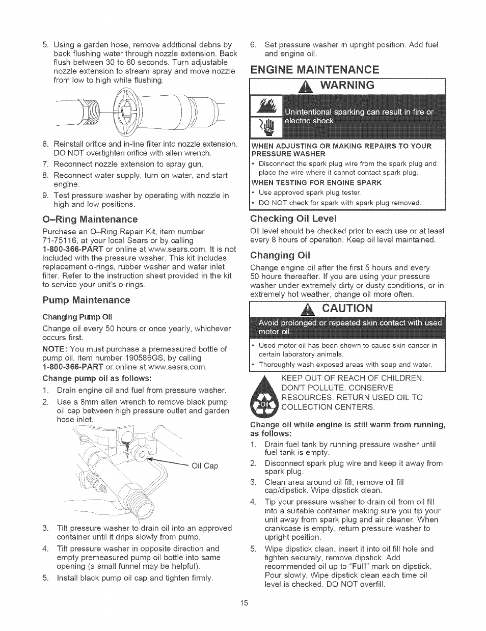 Ring maintenance, Pymp maintenance, Engine maintenance | Warning, Checking oil level, Changing oil, 4 caution, Maintenance -16, Engine maintenance ^ warning 11 | Craftsman 580.752310 User Manual | Page 15 / 48