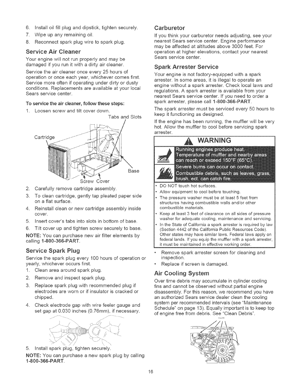 Service air cleaner, Service spark plug, Carbyretor | Spark arrester service, Air cooling system | Craftsman 580.752310 User Manual | Page 16 / 48