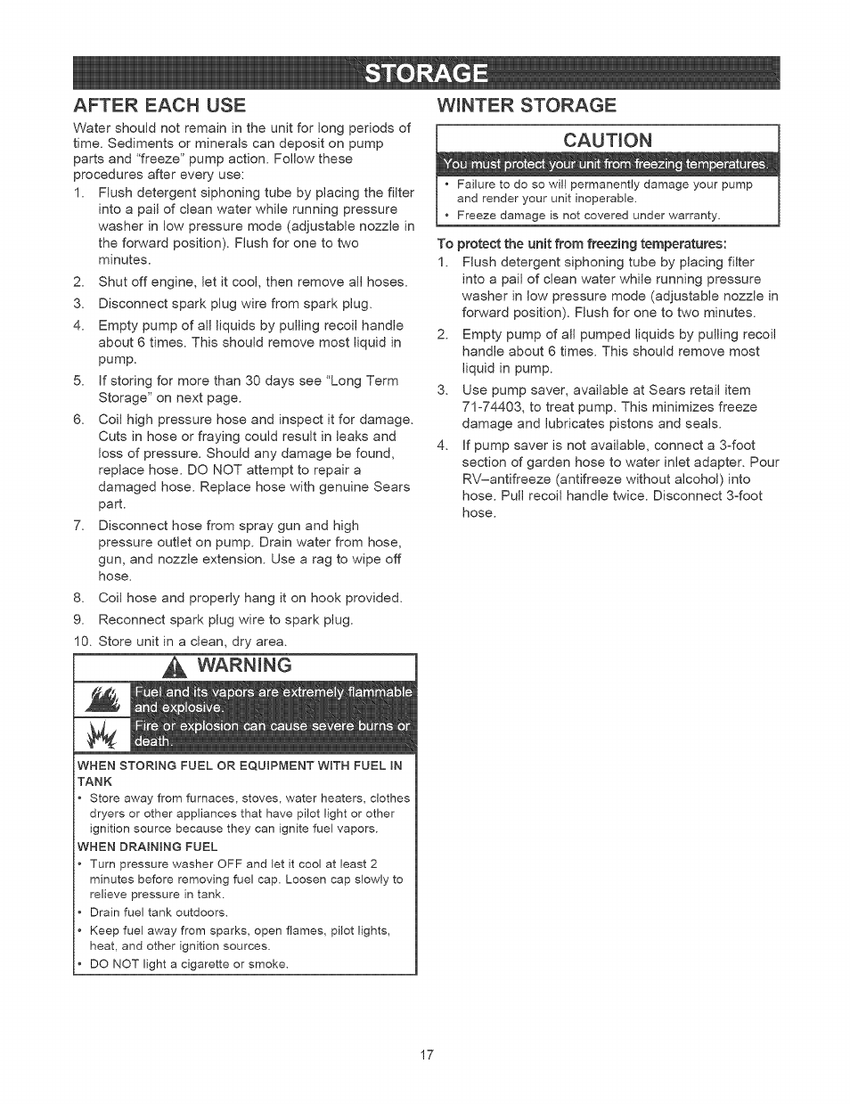 Storage, After each use, Winter storage | Warning, Caution, Storage -18, Winter storage ^ warning | Craftsman 580.752310 User Manual | Page 17 / 48