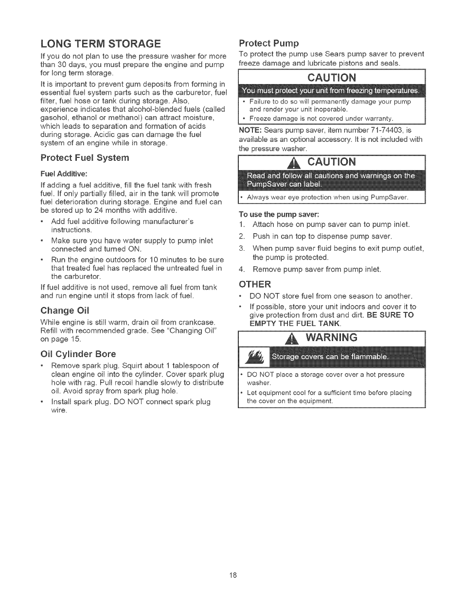 Long term storage, Protect fuel system, Change oil | Oil cylinder bore, Protect pump, Caution, Other | Craftsman 580.752310 User Manual | Page 18 / 48