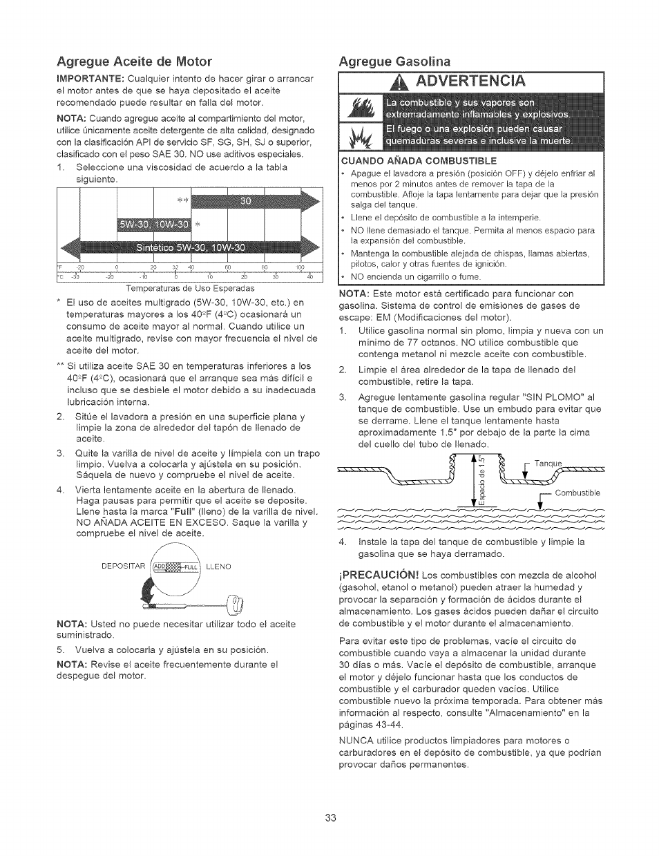 Agregue aceite de motor, Agregue gasolina, A advertencia | Precaución | Craftsman 580.752310 User Manual | Page 33 / 48