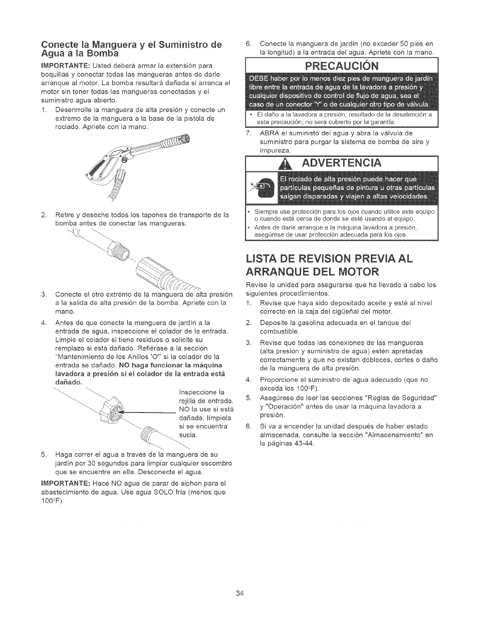 Precaución, Lista de revision previa al, Advertencia | Craftsman 580.752310 User Manual | Page 34 / 48