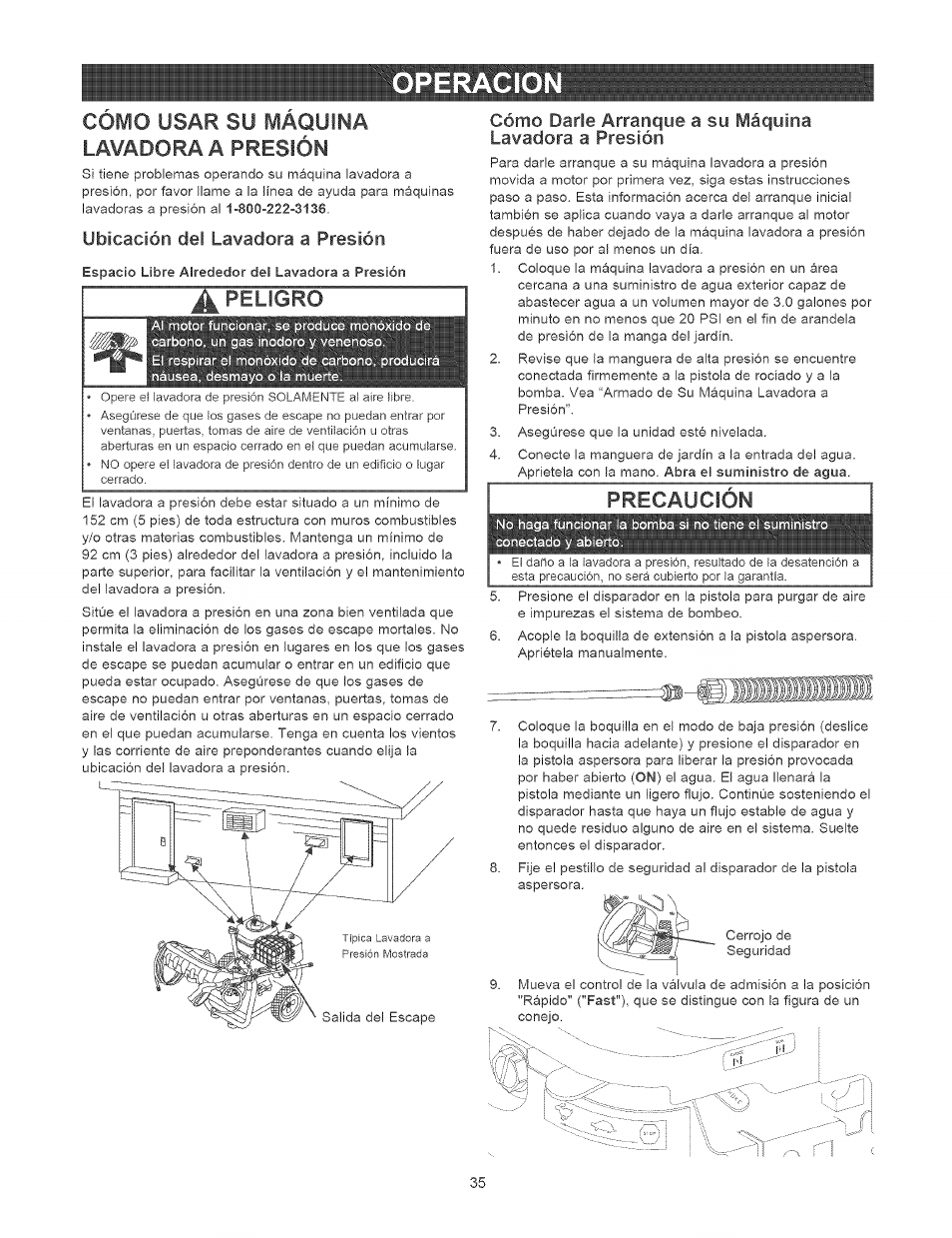 Operacio, Como usar su maquina lavadora a presión, Ubicación del lavadora a presión | Peligro, Precaucion, Operacion -37 | Craftsman 580.752310 User Manual | Page 35 / 48