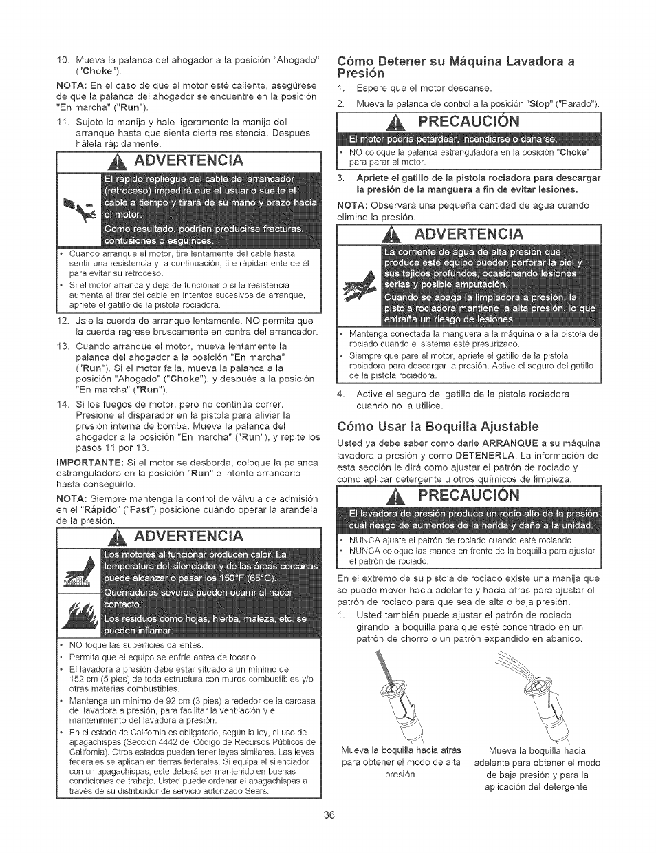 A advertencia, Cómo usar ia boquilla ajustabie, Advertencia | Precaución, Cómo detener sy máquina lavadora a presión | Craftsman 580.752310 User Manual | Page 36 / 48