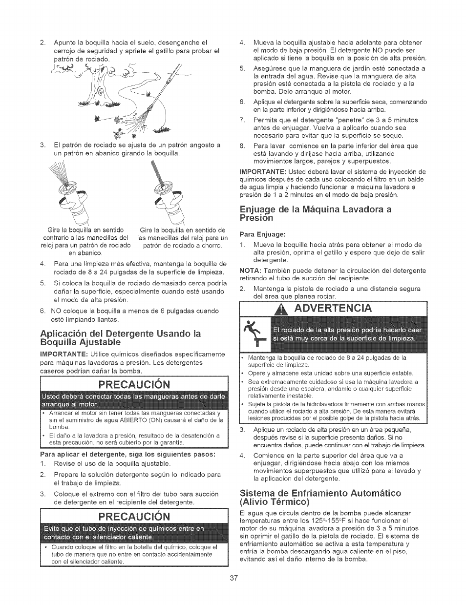 Enjua^e de la máquina lavadora a presión, A advertencia, Precaución | Precaucion, Advertencia | Craftsman 580.752310 User Manual | Page 37 / 48