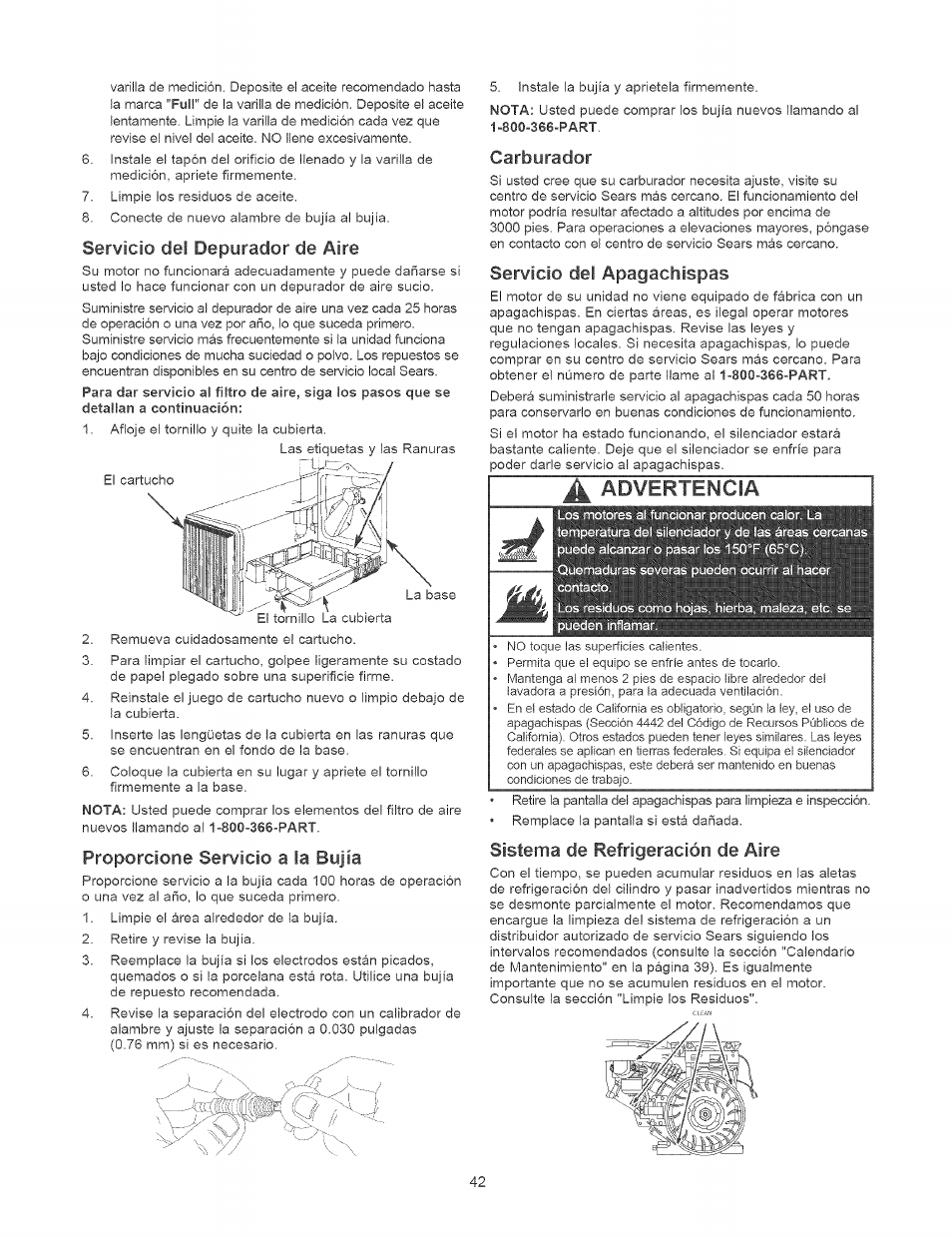 Servicio del depurador de aire, Proporcione servido a la bujía, Carburador | Servicio del apagachispas, Advertencia, Sistema de refrigeración de aire | Craftsman 580.752310 User Manual | Page 42 / 48