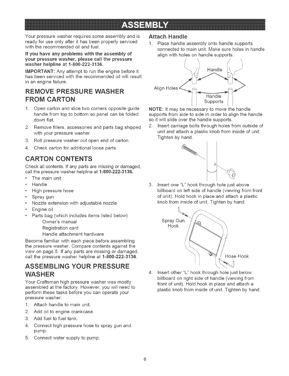 Assembly, Remove pressure washer from carton, Carton contents | Assembling your pressure washer, Attach handle | Craftsman 580.752310 User Manual | Page 6 / 48