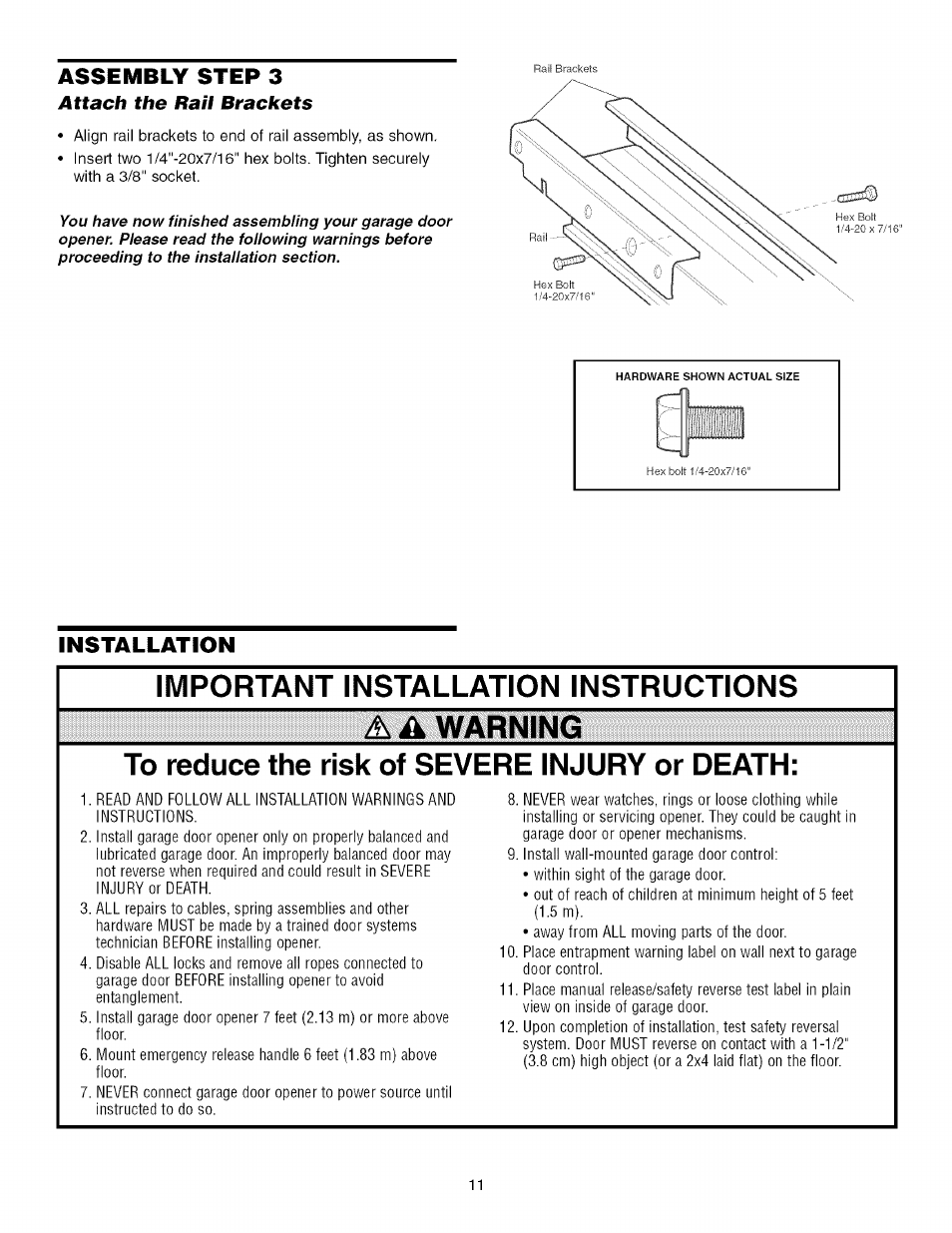 Warning, Important installation instructions | Craftsman 139.53993D User Manual | Page 11 / 76