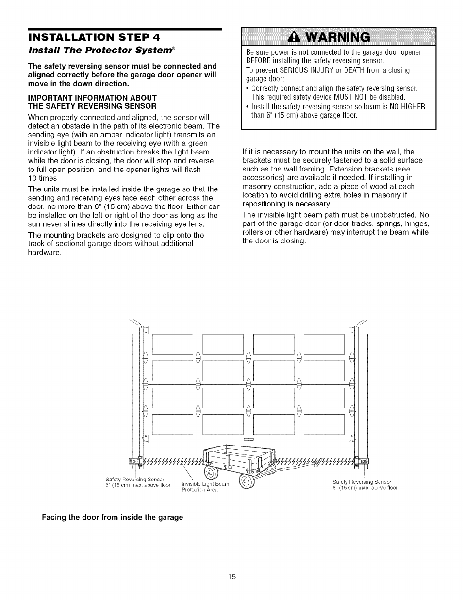 Facing the door from inside the garage, Ik warning | Craftsman 139.53993D User Manual | Page 15 / 76