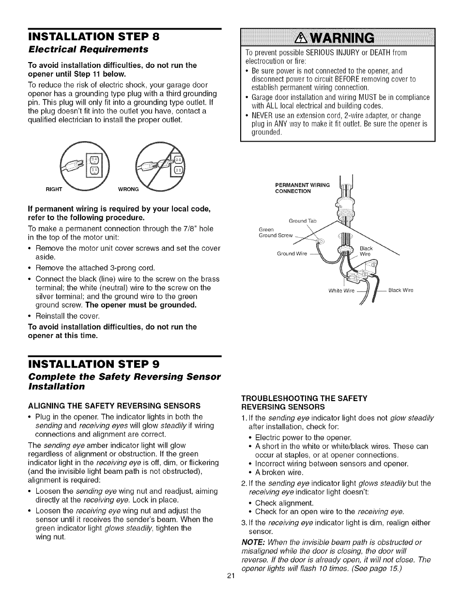 Aligning the safety reversing sensors, Troubleshooting the safety reversing sensors, Warning | Installation step 8, Installation step 9 | Craftsman 139.53993D User Manual | Page 21 / 76