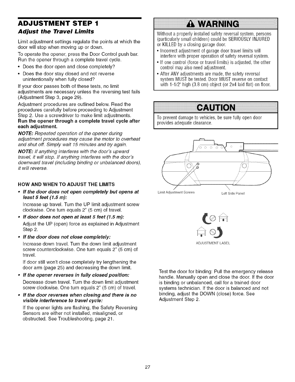How and when to adjust the limits, Warning, Caution | Craftsman 139.53993D User Manual | Page 27 / 76