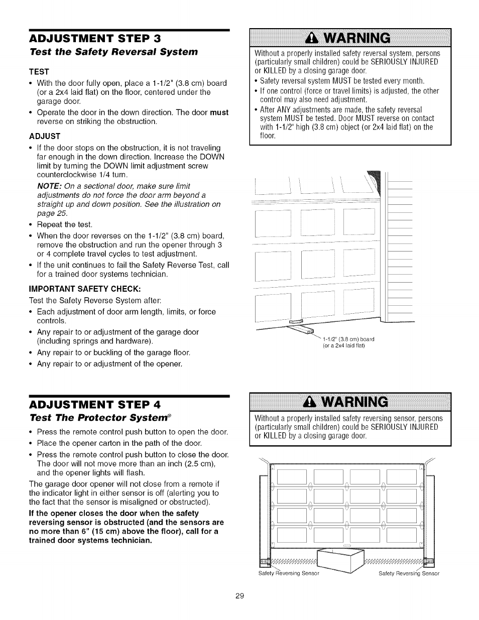 Test, Adjust, Important safety check | Warning | Craftsman 139.53993D User Manual | Page 29 / 76