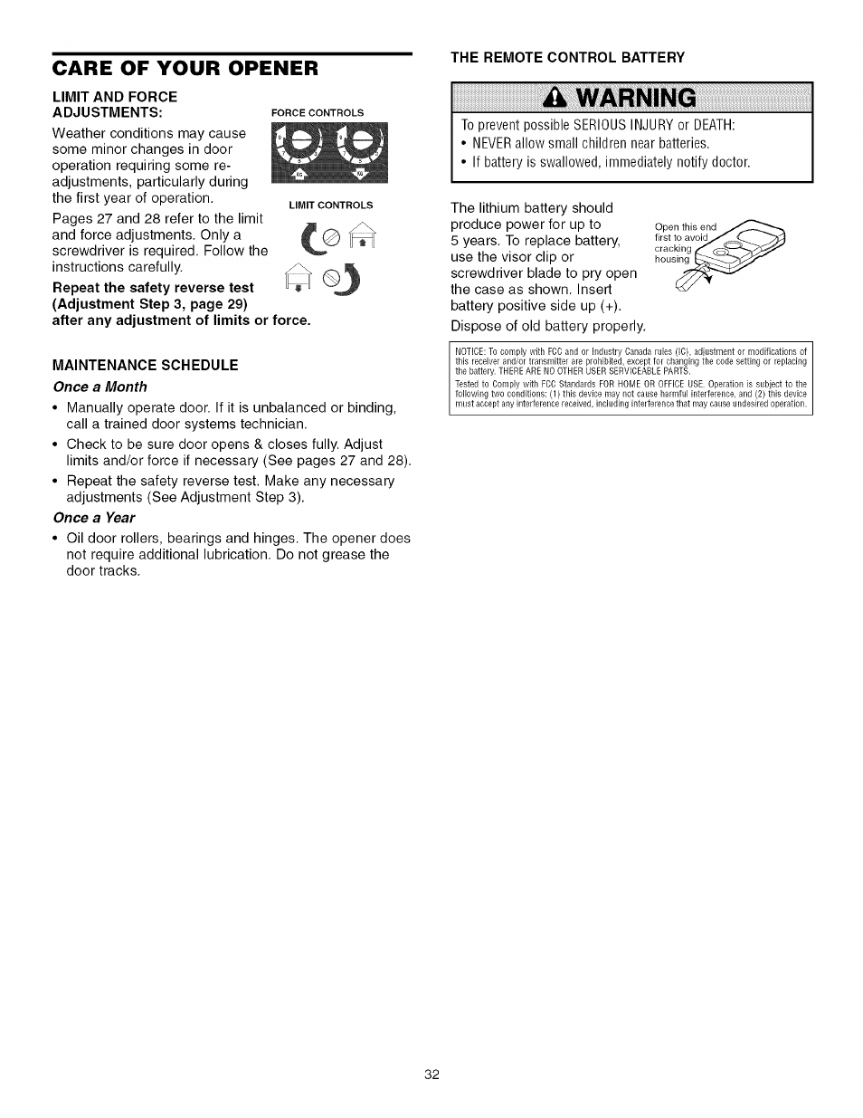 Care of your opener, The remote control battery, Limit and force adjustments | Maintenance schedule, A warning | Craftsman 139.53993D User Manual | Page 32 / 76