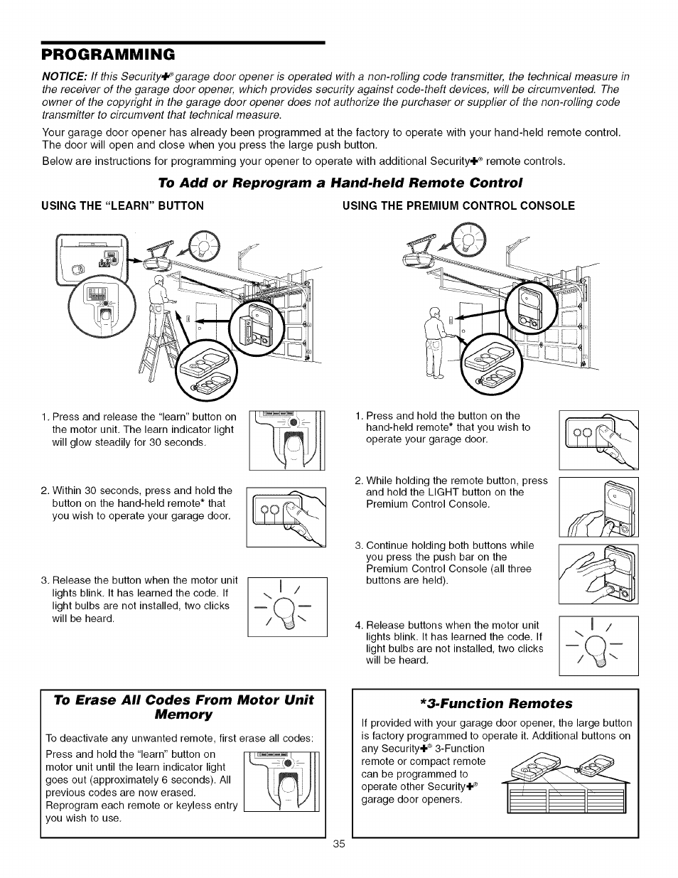 Programming, Add or reprogram a hand-held remote control, Function remotes | Craftsman 139.53993D User Manual | Page 35 / 76
