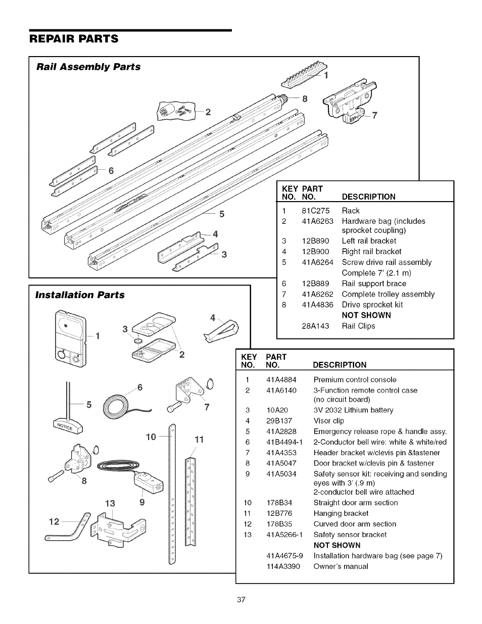 Repair parts, Rail assembly parts installation parts | Craftsman 139.53993D User Manual | Page 37 / 76