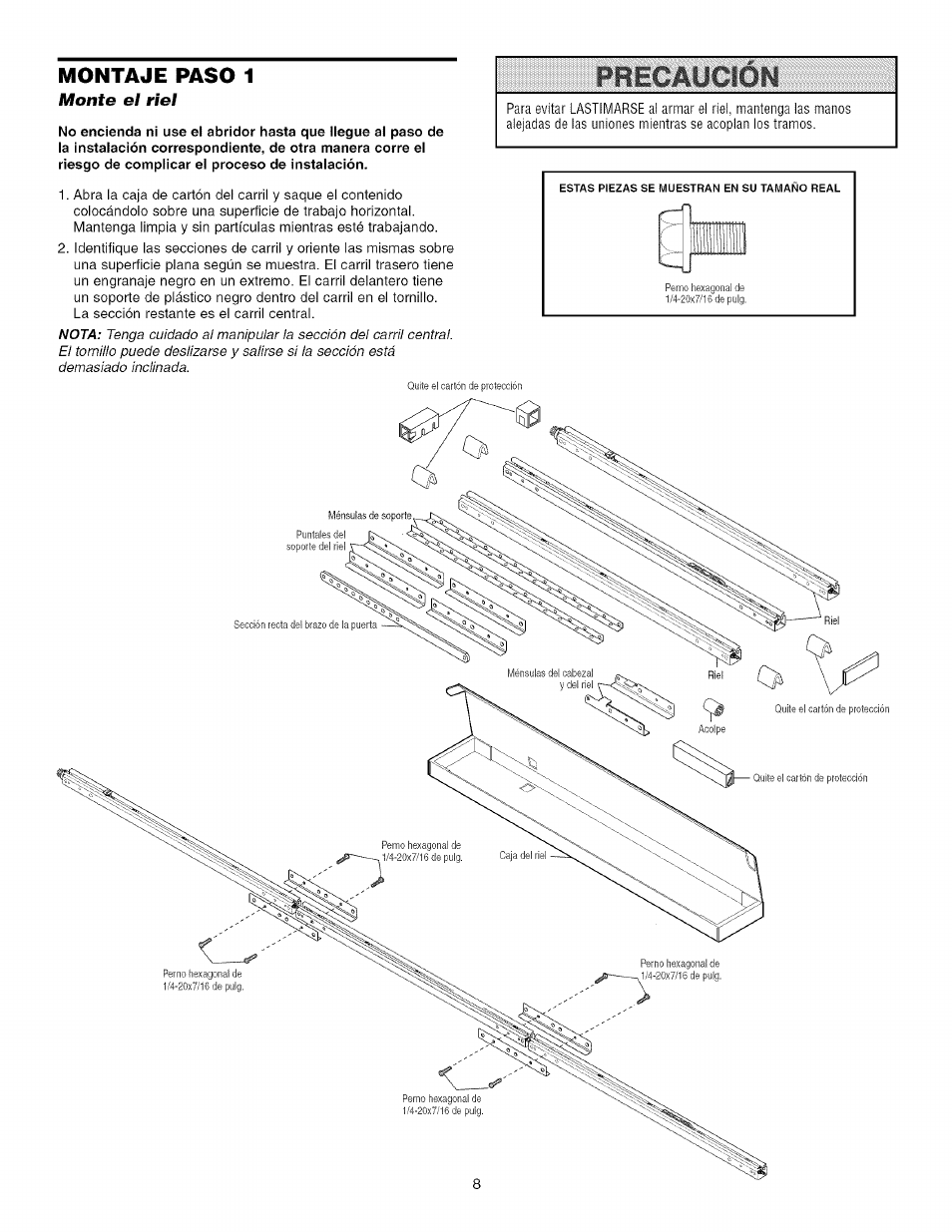 Montaje paso 1, Monte el riel | Craftsman 139.53993D User Manual | Page 46 / 76