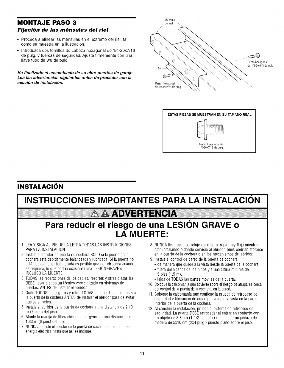 Montaje paso 3, Instalacion, Instrucciones importantes para la instalacion | Para reducir el riesgo de una lesion grave o, La muerte, Installation, Instrucciones importantes para la instalación, Advertencia | Craftsman 139.53993D User Manual | Page 49 / 76