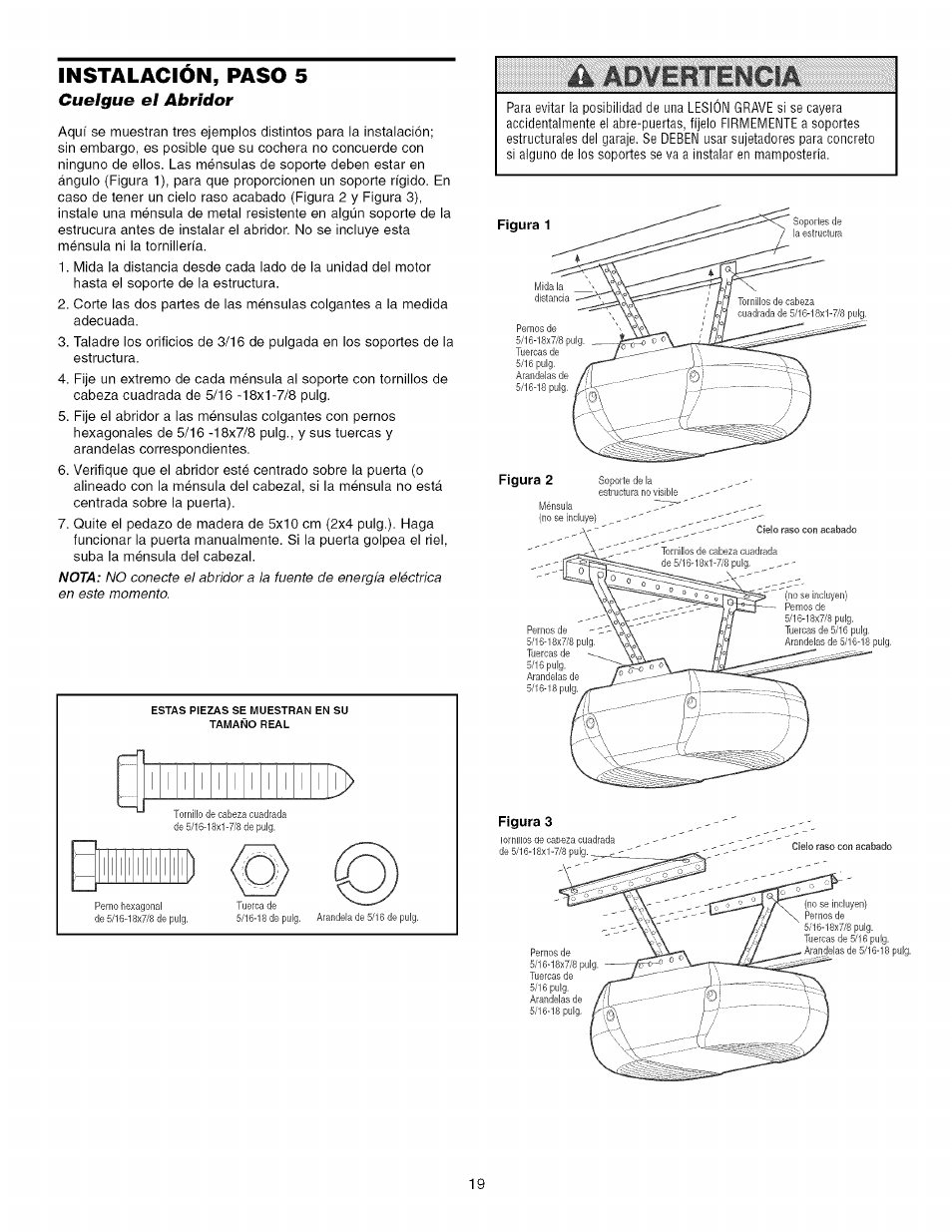 Instalacion, paso 5, Cuelgue el abridor | Craftsman 139.53993D User Manual | Page 57 / 76