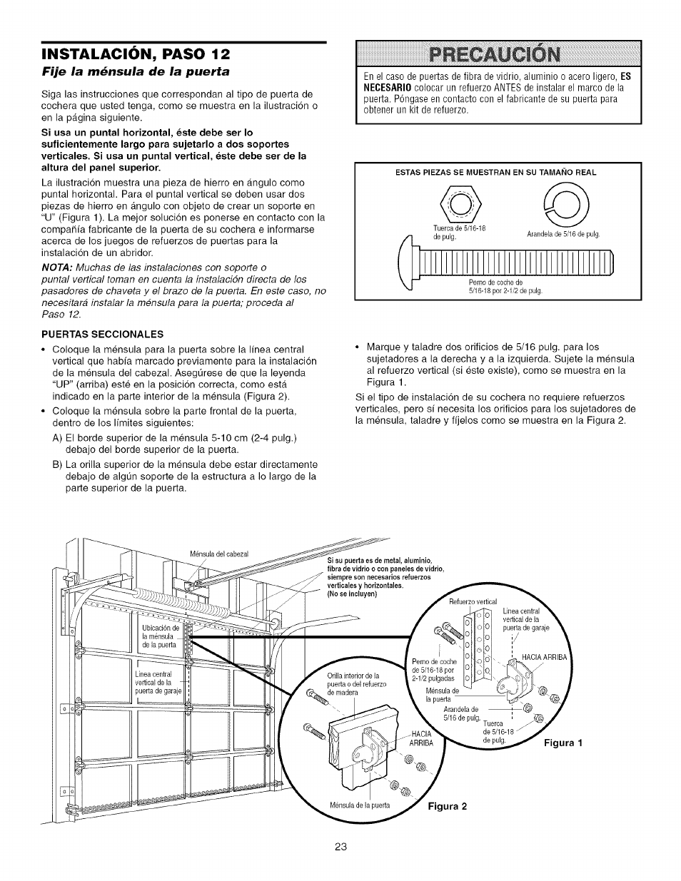 Instalacion, paso 12, Ff/e la ménsula de la puerta | Craftsman 139.53993D User Manual | Page 61 / 76