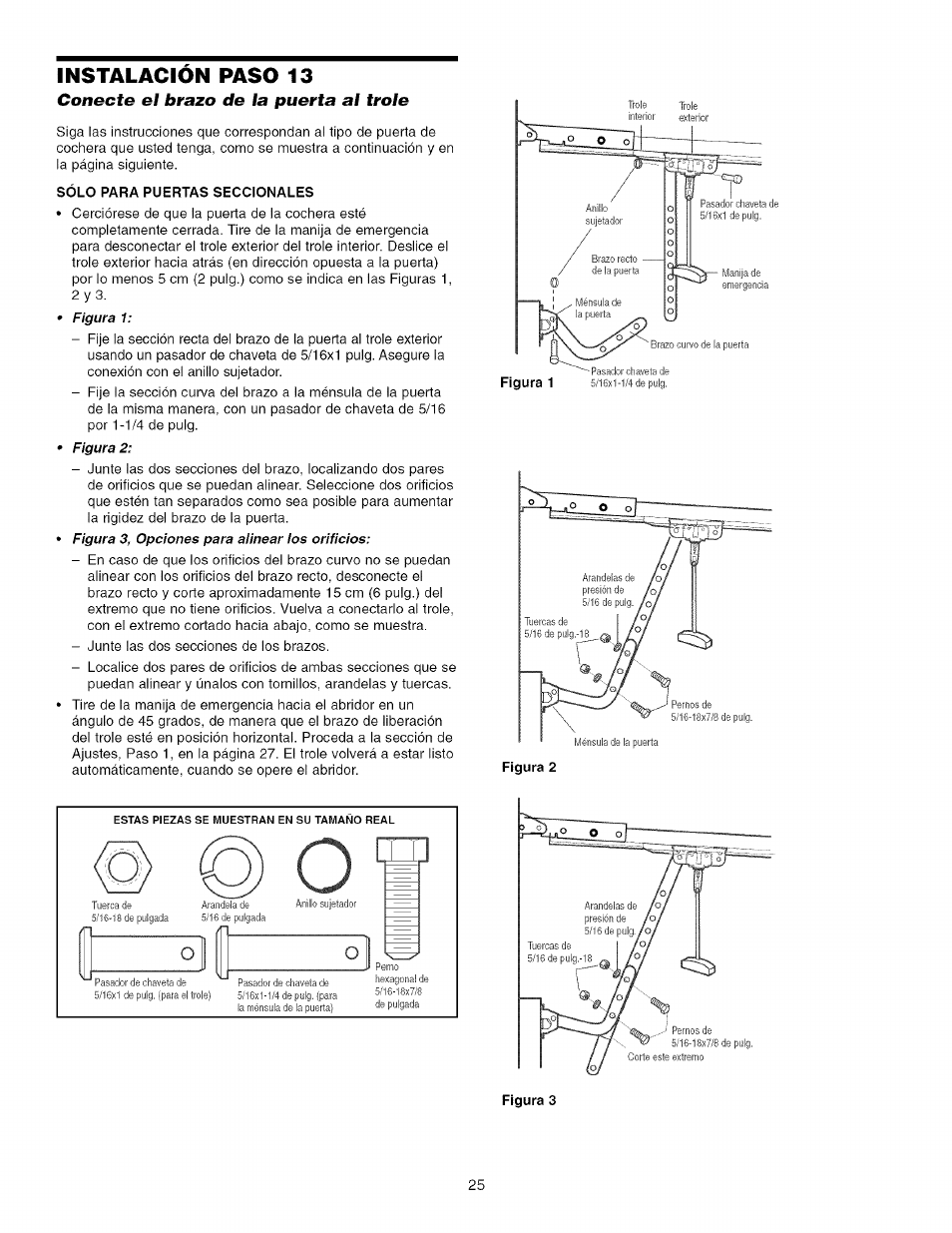 Instalacion paso 13, Conecte e! brazo de la puerta al trole | Craftsman 139.53993D User Manual | Page 63 / 76