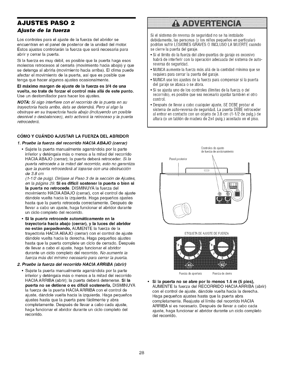 Ajustes paso 2, Ajuste de la fuerza | Craftsman 139.53993D User Manual | Page 66 / 76