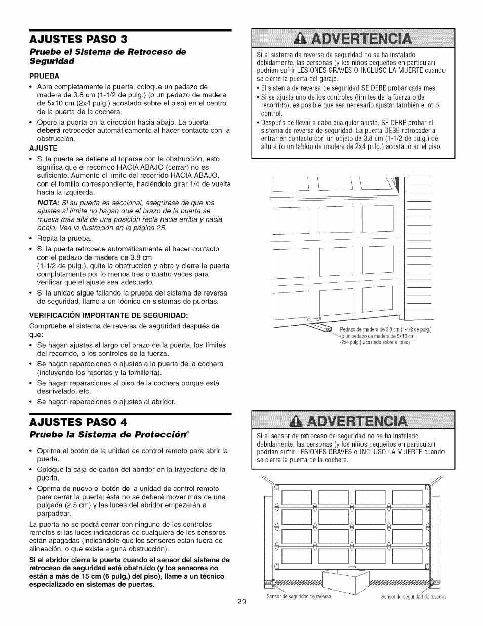 Ajustes paso 3, Ajustes paso 4, Pruebe el sistema de retroceso de seguridad | Pruebe la sistema de protección | Craftsman 139.53993D User Manual | Page 67 / 76