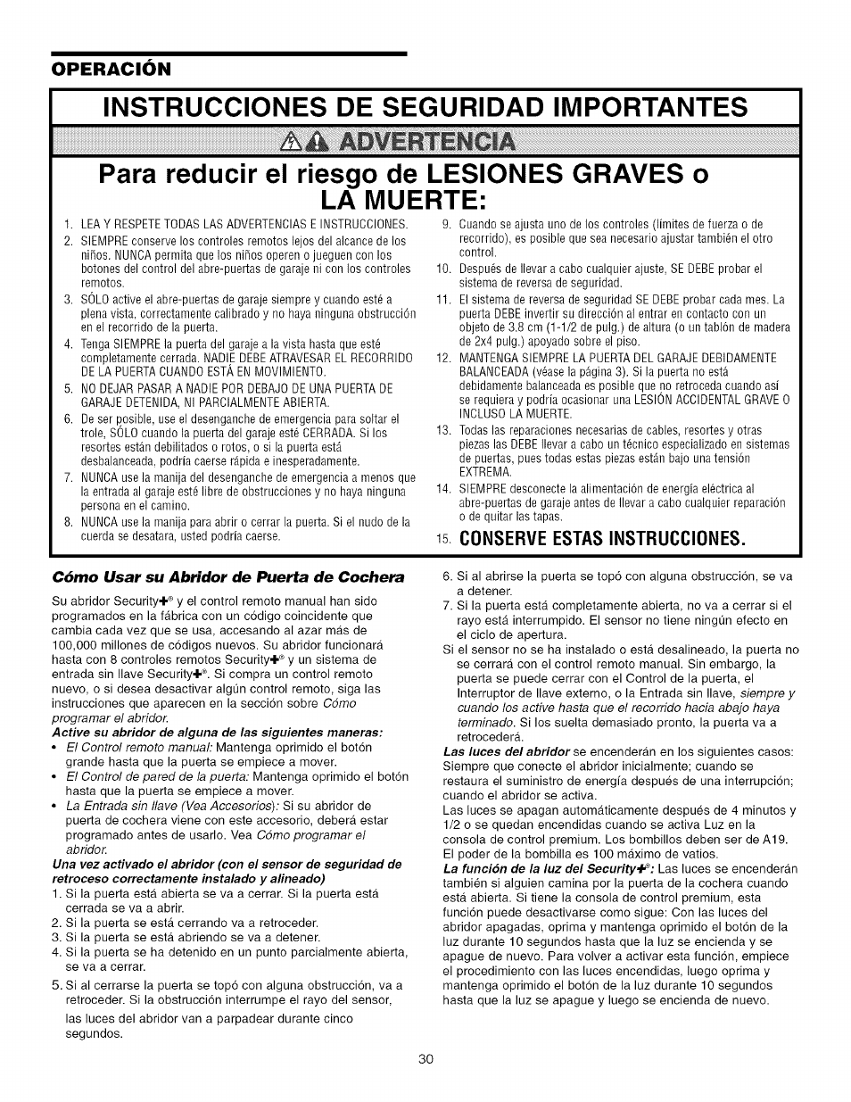 Instrucciones de seguridad importantes, Para reducir el riesgo de lesiones graves o, La muerte | 15 conserve estas instrucciones, Operacion | Craftsman 139.53993D User Manual | Page 68 / 76