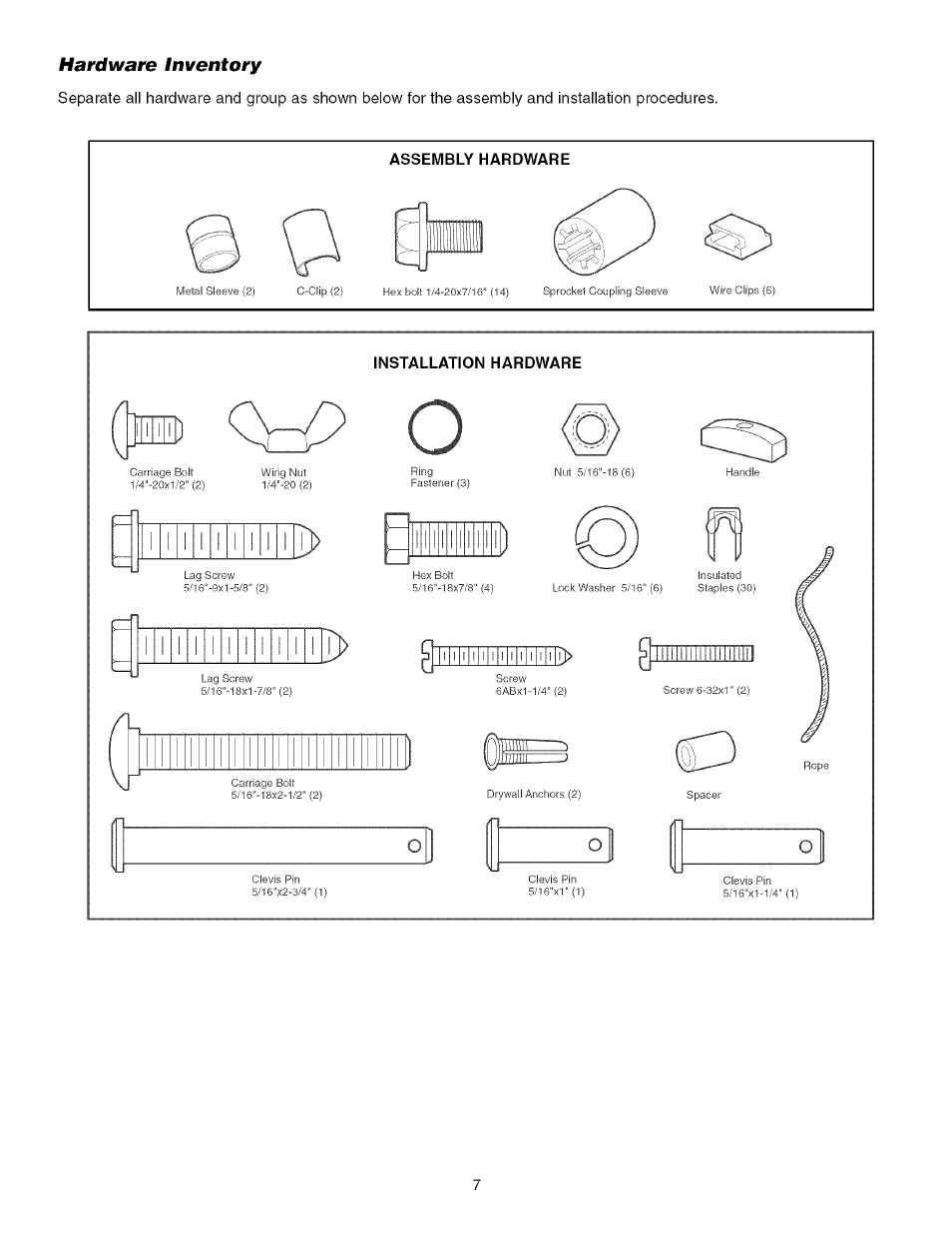 Installation hardware, Installation parts, Hardware inventory | Craftsman 139.53993D User Manual | Page 7 / 76