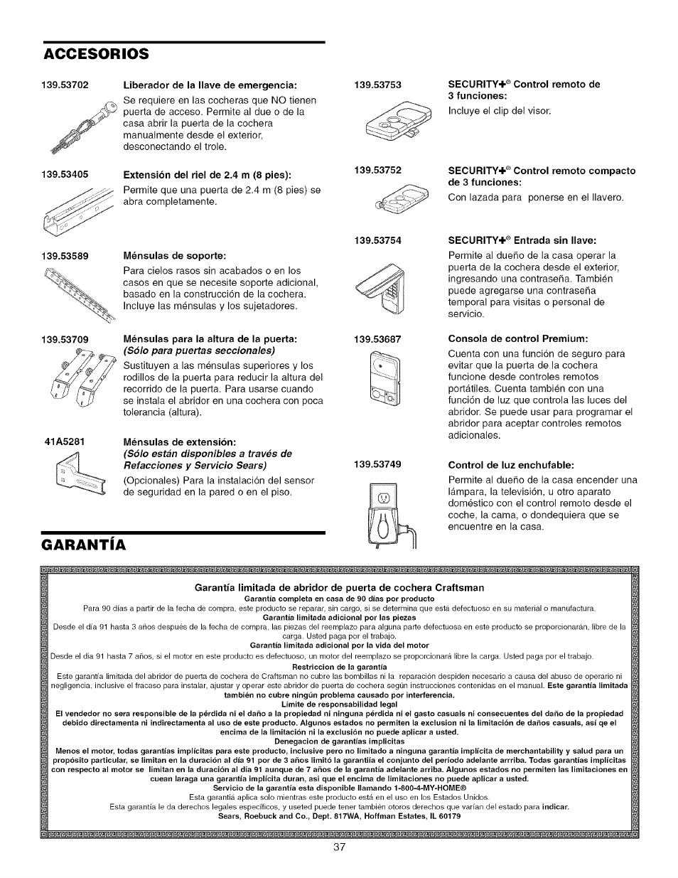 Accesorios, Garantia, Accessories | Craftsman 139.53993D User Manual | Page 75 / 76