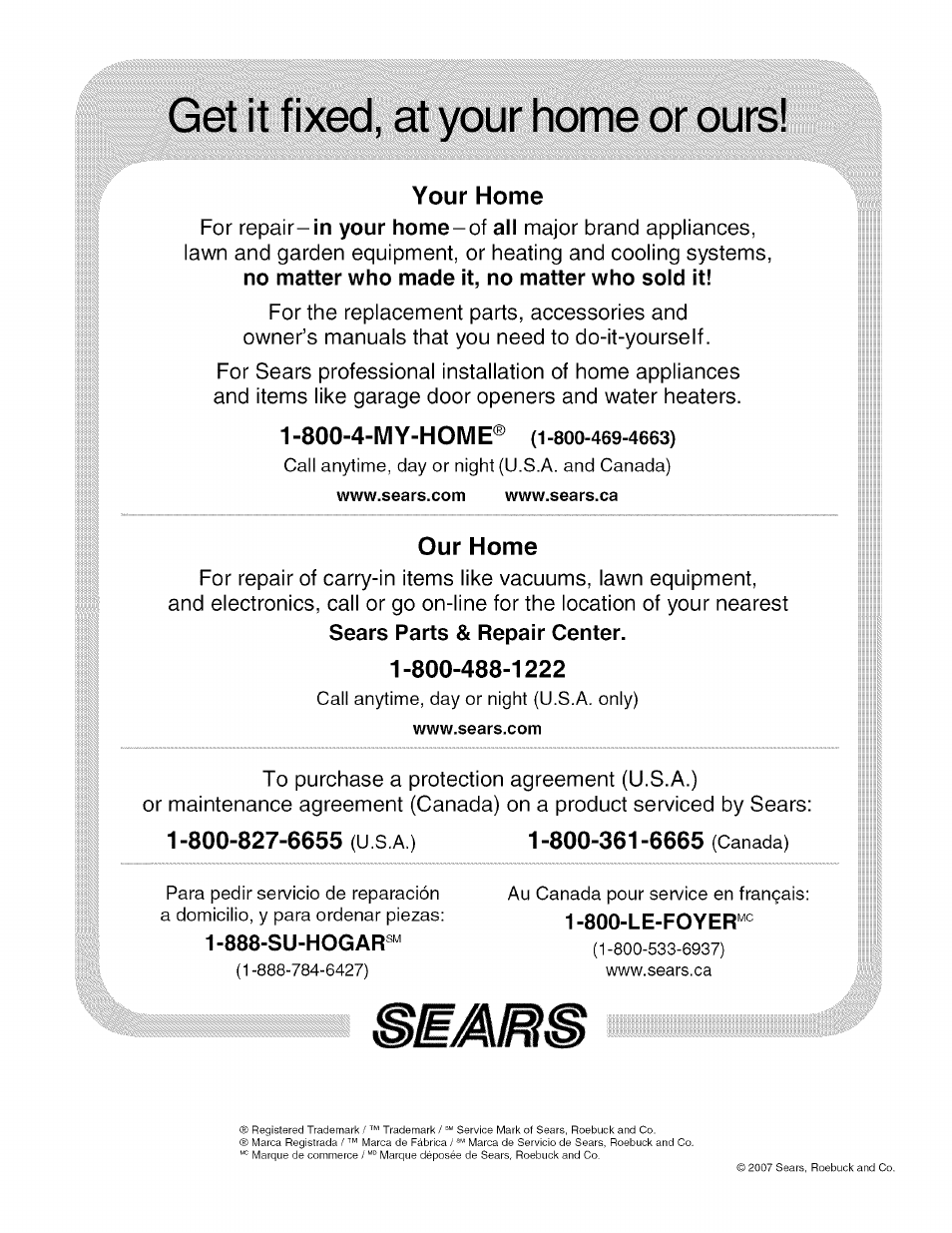 Get it fixed, at your home or ours, Your home, Our home | Craftsman 139.53993D User Manual | Page 76 / 76