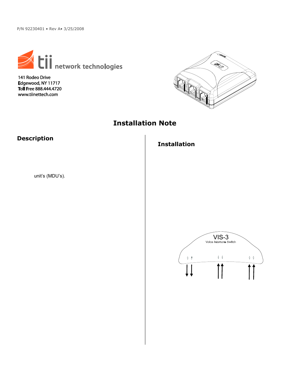 Tii VIS-3 User Manual | 2 pages