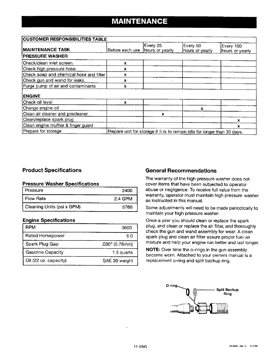 Product specifications, General recommendations, Maintenance | Engine specifications | Craftsman 919.670280 User Manual | Page 11 / 28