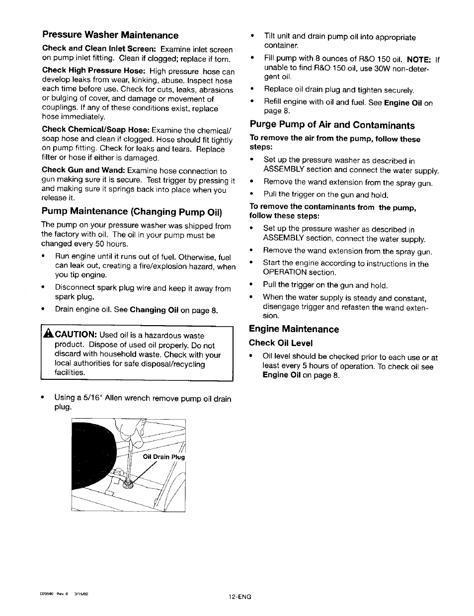 Pressure washer maintenance, Pump maintenance (changing pump oil), Purge pump of air and contaminants | Engine maintenance | Craftsman 919.670280 User Manual | Page 12 / 28