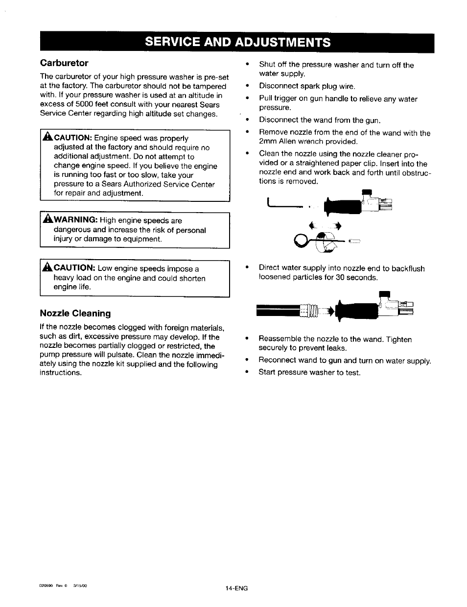 Nozzle cleaning, Service and adjustments | Craftsman 919.670280 User Manual | Page 14 / 28