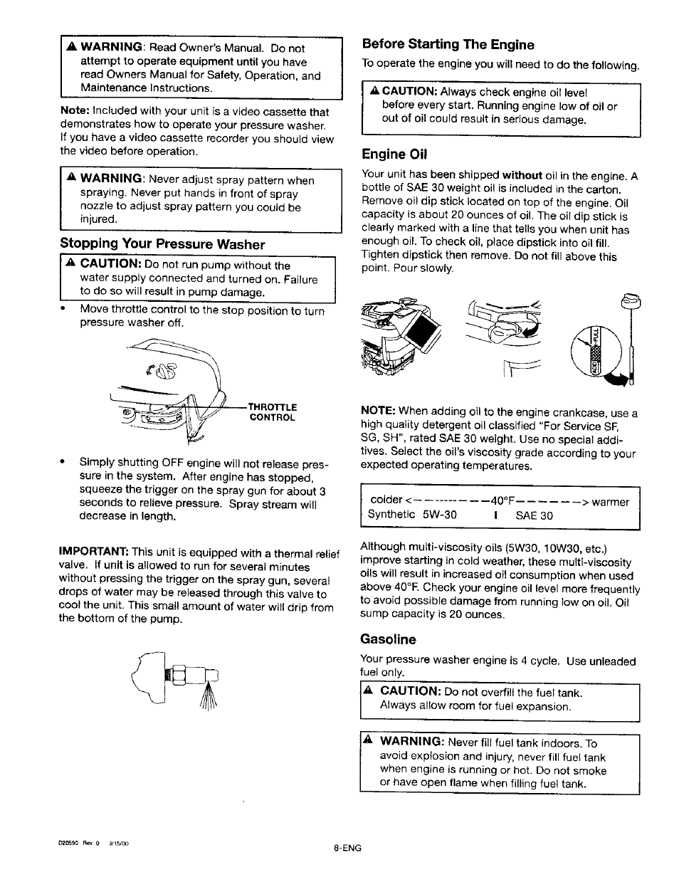 Stopping your pressure washer, Before starting the engine, Engine oil | Gasoline | Craftsman 919.670280 User Manual | Page 8 / 28