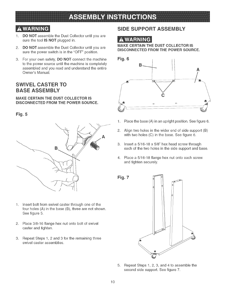 Swivel caster to base assembly, Side support assembly, Awarning | Craftsman 152.213361 User Manual | Page 10 / 40